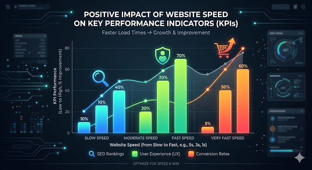 Perch&eacute; la Velocit&agrave; &egrave; Cruciale per il Successo di un Sito WordPress?: Grafico a barre che mostra l'impatto della velocit&agrave; sui KPI come SEO, UX e conversioni, con linee in crescita.