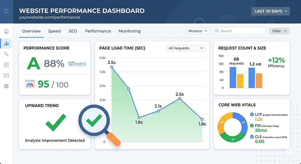 Immagine 3 - L'Importanza della Manutenzione Continua e del Monitoraggio: Dashboard di monitoraggio performance con grafici e metriche (come un finto PageSpeed Insights o GTmetrix), mostrando un trend positivo e il simbolo di una lente d'ingrandimento.