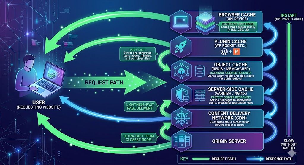 Gestione Avanzata della Caching: Schema concettuale che illustra i diversi livelli di caching (Browser, Plugin, Object, Server-Side, CDN) con frecce che mostrano il flusso delle richieste e delle risposte.